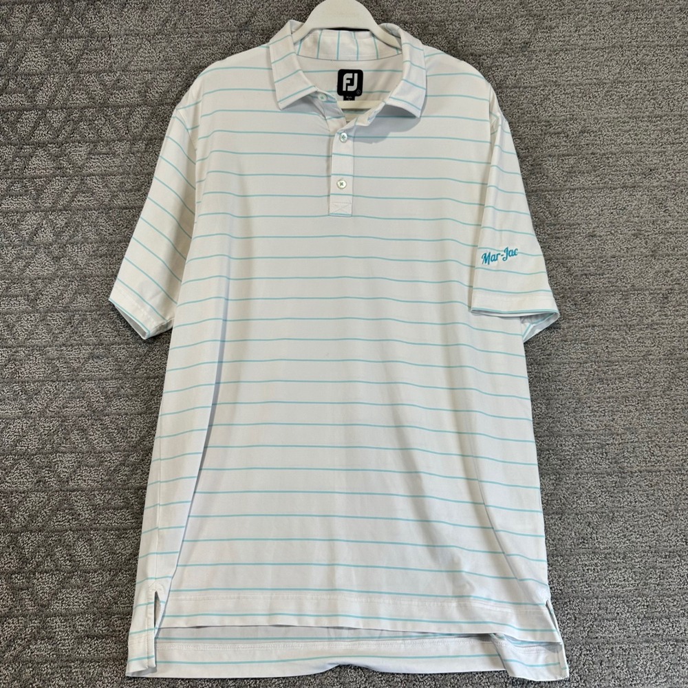FootJoy FJ Golf Polo Shirt White Light Blue Stripe Mar Jac Logo‎ Men's L